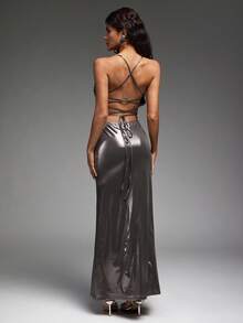 Hauture Solid Color Plunging Neckline Metal Texture Fitted Camisole Dress - Sexy Statement For Night Out & Parties - Brown - View 4