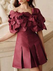 SHEIN Unity Đầm dự tiệc cocktail hở vai màu đỏ tía thiết kế hoa 3D cổ điển lãng mạn thanh lịch dành cho nữ, thích hợp mặc trang phục Halloween, tiệc năm mới, lễ tốt nghiệp - Màu Đỏ Sâu - Xem 3