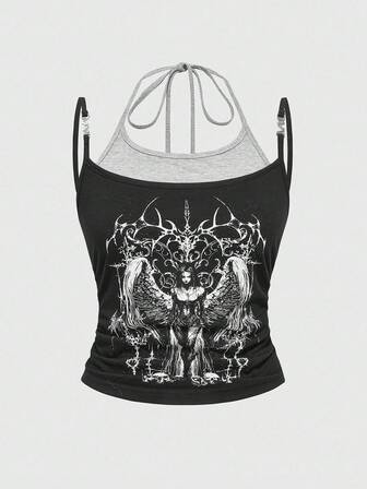 Goth Y2K Sexy Metal Pendant Dark Angel Skeleton Thorn Women Spaghetti Strap Camisole