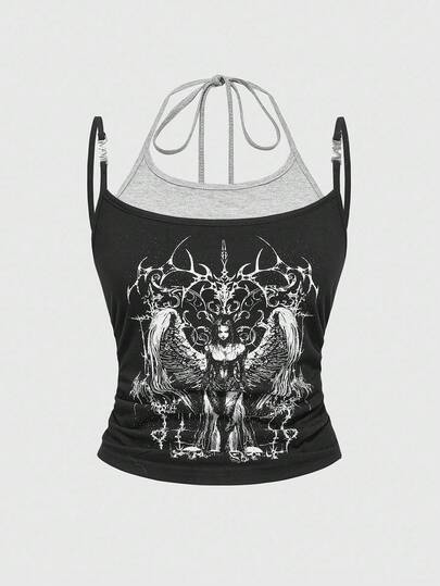 Goth Y2K Sexy Metal Pendant Dark Angel Skeleton Thorn Women Spaghetti Strap Camisole