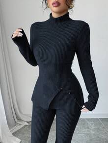Elenzga 女式休闲纯色立领开衩修身上衣和喇叭裤两件套 - 藍色 - 查看 5