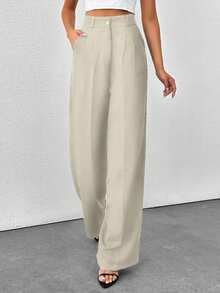 SHEIN Tall 高腰女式纯色阔腿裤 - 米色 - 查看 6