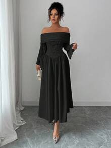 Modelyn Women's Autumn Knitted Lace Patchwork Solid Color Off-Shoulder Long Sleeve A-Line Dress - Black - View 4