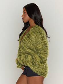 MUSERA Cardigan texturé surdimensionné, tricoté rayé décontracté pour l'aéroport, les vacances, l'automne, l'hiver, les soirées élégantes, le printemps - Vert - Voir 3