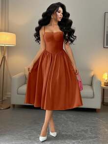 Rafferiza Váy xòe eo dây mảnh thời trang đa năng dự tiệc cho nữ, mùa thu/đông - Màu Cam cháy - Xem 3