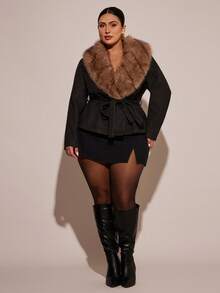 SHEIN BAE Plus Size Fashion Fur Collar Belted Jacket, Autumn/Winter - Black - View 6