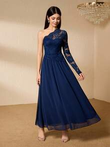 少女吊带蕾丝拼接腰身优雅圣诞派对连衣裙 - 藍色 - 查看 3