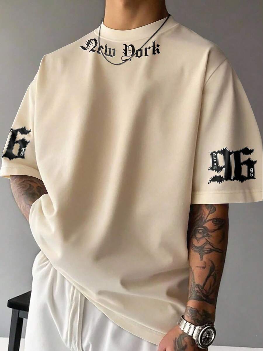 Manfinity EMRG 男士休闲字母数字印花短袖 T 恤，夏季 - 卡其色 - 查看 1