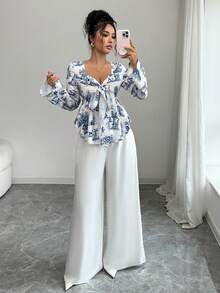 Elenzga Conjunto de 2 piezas de top con mangas acampanadas y pantalones de pierna ancha con estampado todo sobre todo, elegante para mujer, otoño - Multicolor - Ver 4