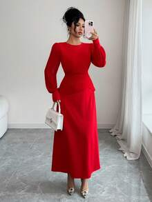 Rafferiza Fashionable And Elegant Waist Round Neck Pleated Women's Long Sleeve Christmas Red Autumn And Winter Dress Women's Elegant Party Wedding Guest Dress New Year Dress Red
