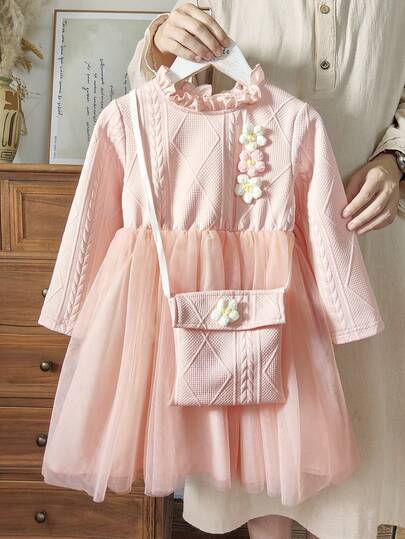 Vintaside Kids 2 pièces Set : Sac bandoulière tricoté de couleur unie et Robe de fille en maille fleurie tricotée de couleur unie à manches longues (Petit)