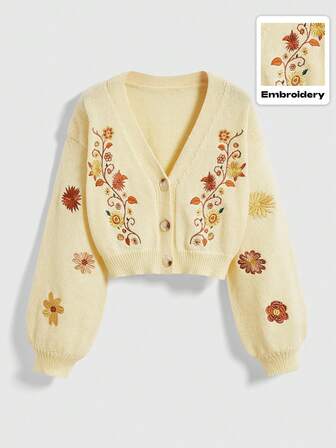 Hippie Damen Cottagecore Boho Strickjacke mit Stickerei