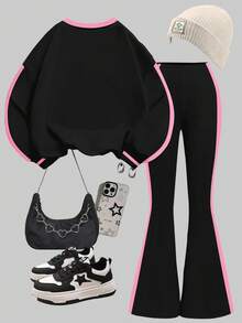 SHEIN Set de 2 piezas Conjunto informal de estilo escolar vintage para niñas preadolescentes, incluye sudadera holgada de cuello redondo grueso con gráfico de lazo y pantalones acampanados, negro y rosa, adecuado para otoño/invierno - Blanco - Ver 3