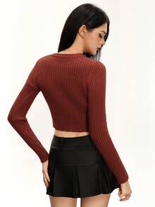 INAWLY Suéter corto de cuello con muesca de unicolor casual, versátil para el otoño - Burdeos - Ver 3