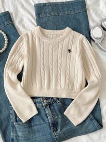 SHEIN Tween 女童休闲纯色圆领长袖麻花针织毛衣 女童短款针织上衣 短款毛衣 女童毛衣 女童针织上衣 秋冬女装 - 杏色 - 查看 4