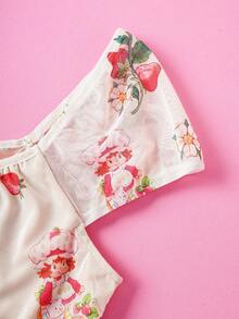 Strawberry Shortcake X SHEIN Áo lưới cổ tròn tay ngắn họa tiết dâu tây phong cách Y2K ngọt ngào dễ thương cỡ lớn cho nữ, mùa thu - Màu be - Xem 6