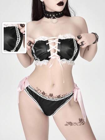 Women's Gothic Lace-Up Bustier Top & Bowknot Sexy PU Leather Outfit
