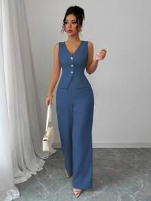 Elenzga Women Elegant Sleeveless Blazer Vest And Suit Pants Set, Business Commuter Style, Summer - Dark Wash - View 3