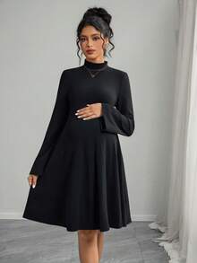 Momance Vestido midi casual preto com gola alta e manga flare para maternidade