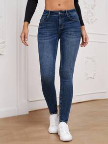 SHEIN Essnce Casual Washed Low-Rise Slim Fit Jeans - Dark Wash - View 3
