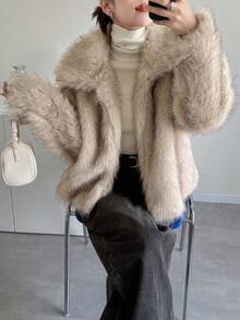 FRIFUL 女士超大翻领落肩长袖宽松休闲蓬松外套，适合秋冬季节穿着的百搭女式外套 - 杏色 - 查看 4