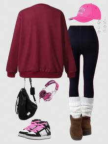 Tween Girl Hip Hop Graphic Print Sweatshirt And Colorful Moon Print Pants Set, Suitable For Street Style - Burgundy - View 2