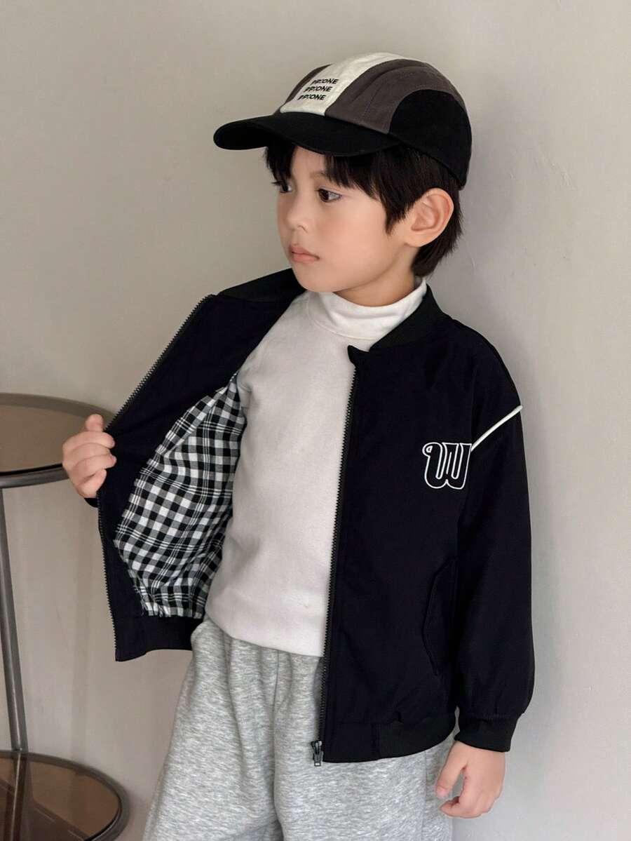 SHEIN Little Byeori Young Boy Casual Letter Embroidered Front Zip Baseball Jacket - Black - View 1