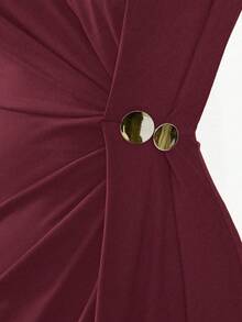 Lumivelle Women's Modern Round Neck Ruched Button Decor Waist Fitted Bodycon Side Slit Long Sleeve Dress - Burgundy - View 6