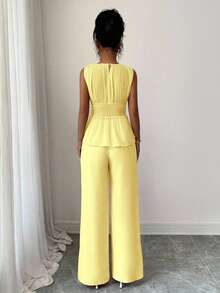 Elenzga Women's Chiffon Halter Asymmetrical Drawstring Hem Top + Wide Leg Pants 2 Pieces Set - Yellow - View 2