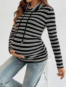 SHEIN 秋季/孕妇秋冬休闲通勤条纹长袖T恤 - 黑色 - 查看 6