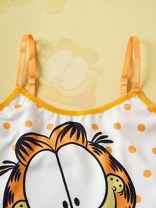 GARFIELD | SHEIN 青少年女孩猫与波尔卡圆点印花撞色生菜边吊带背心上衣和短裤套装，夏季 - 黃色 - 查看 5