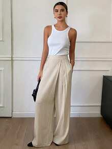 DAZY Women's Loose Asymmetric Wide Leg Pants, Casual Vintage Style, Autumn/Winter - Apricot - View 3