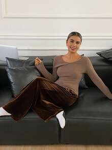DAZY 女士极简主义抓绒针织上衣和磨毛休闲裤睡衣套装，秋冬季，舒适保暖 - 咖啡棕 - 查看 9