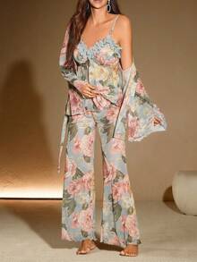 Anewsta Conjunto de Camisole e Roupão de Dormir com Estampa Floral da Moda e Cadarço para Mulheres - Multicolorido - Visão 4