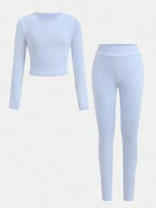 SHEIN 青少年女孩纯色露背长袖 T 恤和紧身裤运动套装，适合日常、户外、休闲运动 - 淺藍色 - 查看 3