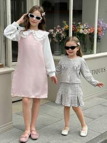 Elladie kids 1件套青少年女孩秋季新款2025彼得潘领网眼刺绣荷叶边袖拼色拉链后背宽松下摆流苏装饰简约优雅连衣裙 - 粉色 - 查看 1