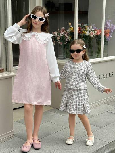 Elladie kids 1件套青少年女孩秋季新款2025彼得潘领网眼刺绣荷叶边袖拼色拉链后背宽松下摆流苏装饰简约优雅连衣裙