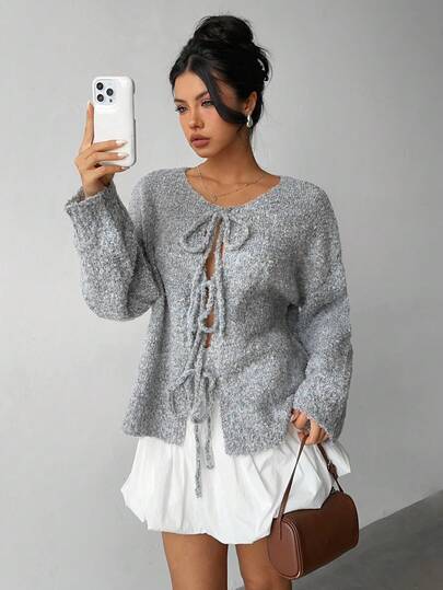 Aloruh 秋冬简约休闲纯色罗纹针织前系带插肩袖开衫