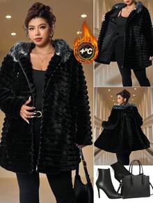 SHEIN Clasi Große Größen einfarbige Kapuzenjacke mit Kunstpelz, modisch für Herbst/Winter - Schwarz - Übersicht 2
