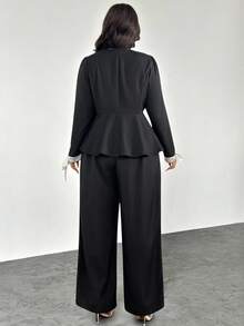 Firerie 大码女式两件套 - 优雅蝴蝶结装饰撞色腰喇叭衬衫上衣和宽松长裤，休闲度假装，春秋季 - 黑色 - 查看 2