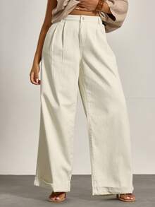 MUSERA 加厚牛仔褶裥细节阔腿卷边牛仔裤，冬季，酷女孩，舒适，日常穿着 - 白色 - 查看 2