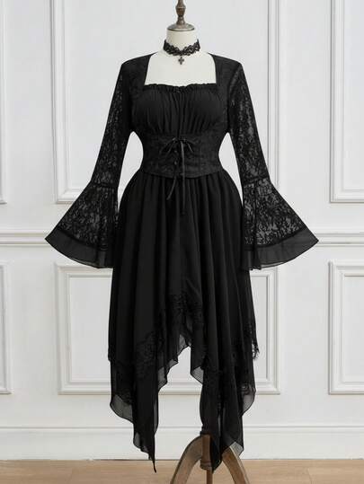 EDITION Plus Size Gothic Lace Bell Sleeve Jacquard Waist Asymmetrical Hem Elegant Dress, Autumn/Winter Plus Size Gothic Style Formal Gown, Luxury Palace Style Party Dress For Plus Size Women, Elegant Plus Size Women Daily Dress, Plus Size Women Autumn/Winter Dress