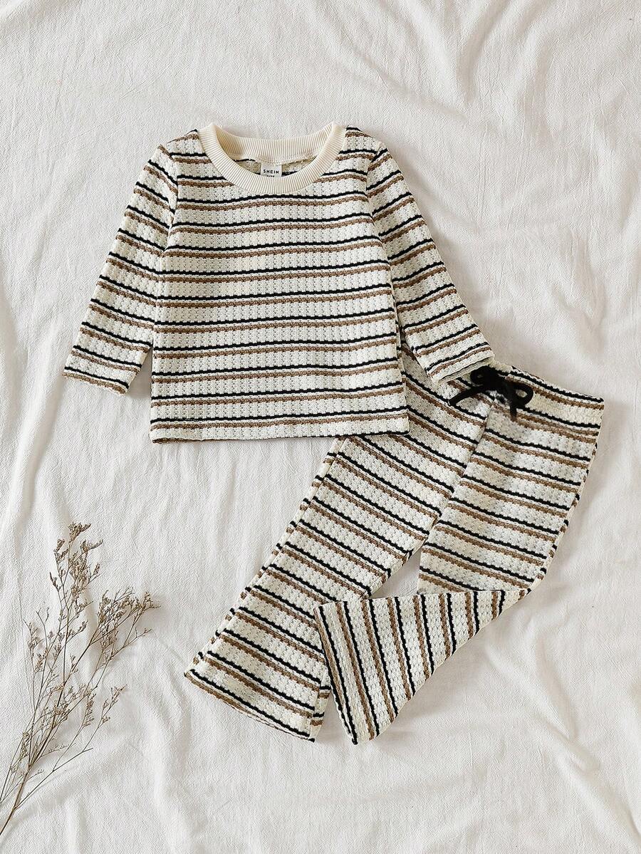 SHEIN Vintaside Kids 2 件女婴黑白条纹针织长袖上衣 + 休闲裤套装，春秋 - 彩色 - 查看 1