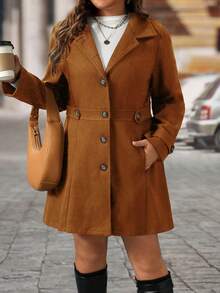 EMERY ROSE Black Lapel Button Decor Waist Cinched Mid-Length Women Overcoat Winter - Brown - View 3
