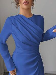 Lyxana Đầm Maxi Tay Dài Cổ Tròn Xếp Ly Eo Cho Nữ, Màu Trơn, Thanh Lịch, Trang Trọng, Công Sở, Đi Làm, Dịp Nghỉ, Tiệc Tùng, Cổ Điển, Phong Cách Trung Đông, Mùa Thu, Màu Vàng Nhạt - Màu xanh lam - Xem 4