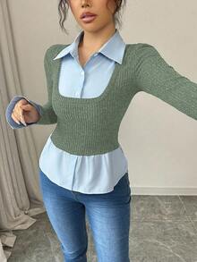 Elenzga French Stylish 2 In 1 Collared T-Shirt With Contrast Panel, New Design Niche For Spring & Autumn Graphic Tees Women Tops - Army Green - View 5