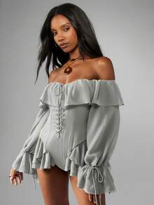 MISSGUIDED Off Shoulder Chiffon Ruffle Bodysuit With Lace Up Corset Detail Long Sleeve Festival Boho - Grey - View 5