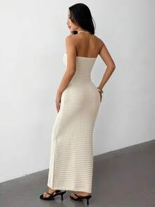 SHEIN EZwear Plus Size Knitted Drawstring Hollow-Out Solid Color Fitted Elegant Fashion Women Maxi Sweater Dress, Suitable For Spring/Summer - Apricot - View 2