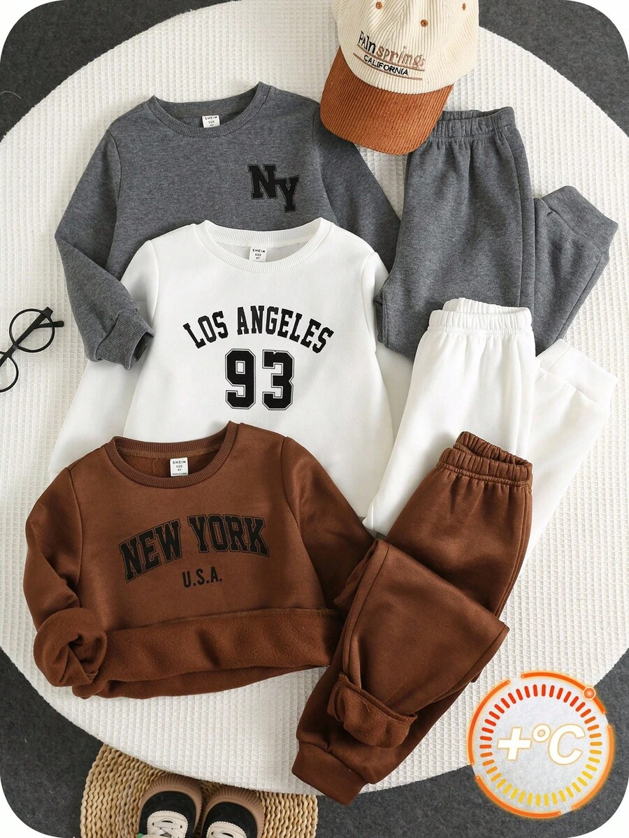 SHEIN 6 件套年轻男孩可爱休闲运动百搭字母图案长袖运动衫和慢跑裤运动服套装，秋冬 - 彩色 - 查看 1