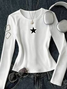 Tween Girls' White Round Neck Thermal Lined Long Sleeve Star Pattern Tight Fit Base Layer Pullover T-Shirt,Autumn Casual School Winter Tops - White - View 7